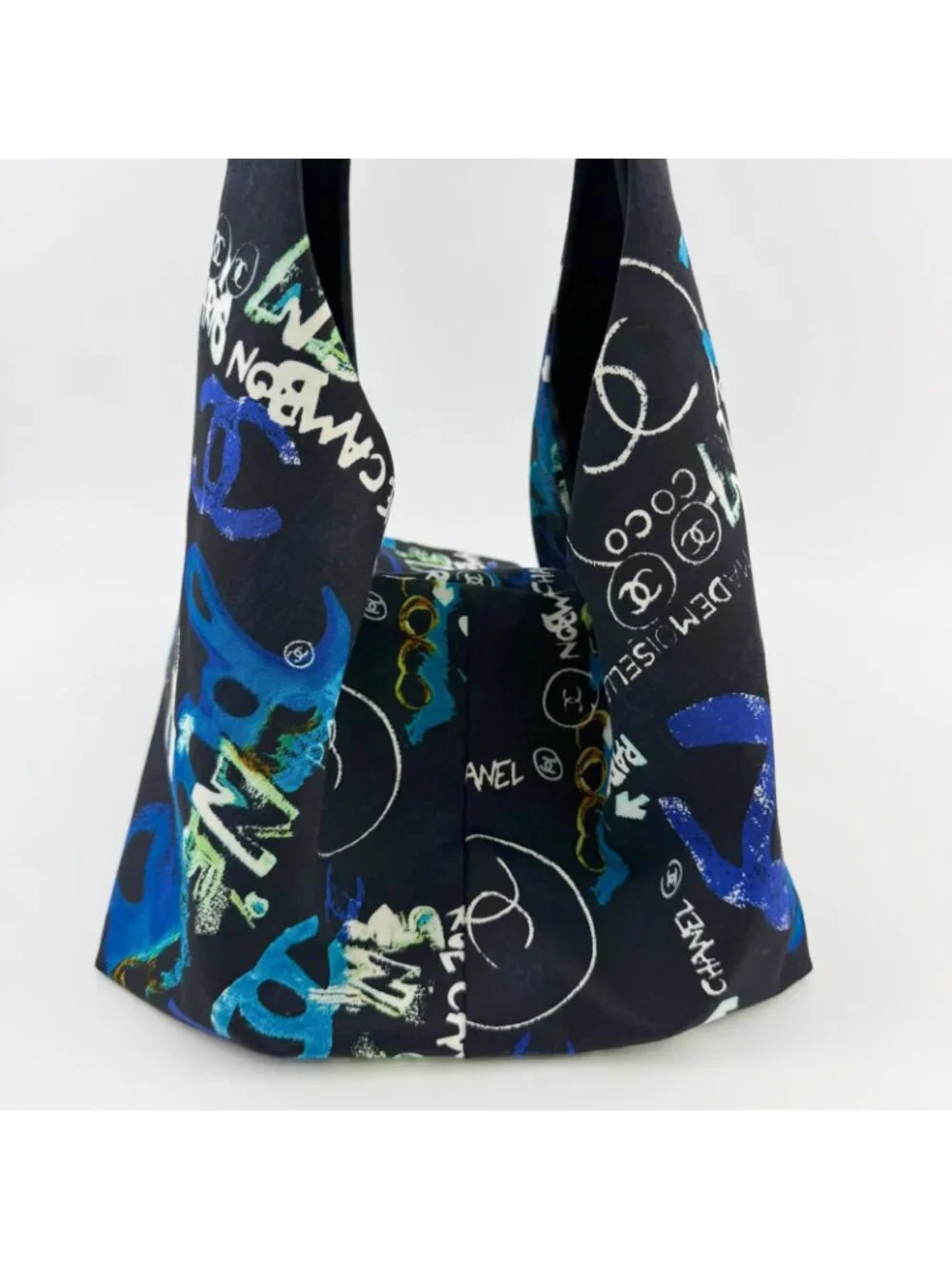 Chanel CC Logo Graffiti Shoulder Bag Canvas Black Blue Multicolor Silver Seal